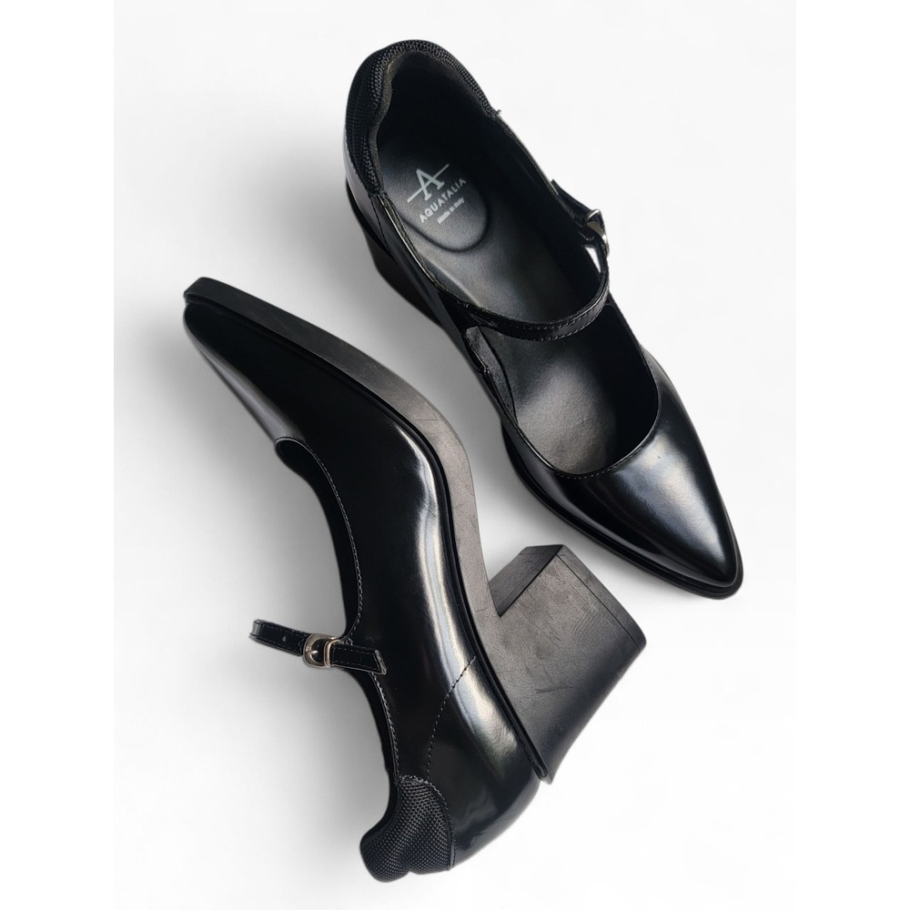 Aquatalia Black Casha Leather Mary Jane Pumps Block Heels Pointed Toe Size 7.5